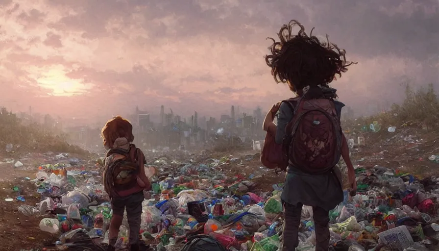 Image similar to poor detailed child with backpack looking for food at garbage dump, city is pure wasteland, moody sunset in background, greg rutkowski, alphonse mucha, trending on artstation, artgerm, unreal engine, breathtaking, award winning, highly detailed