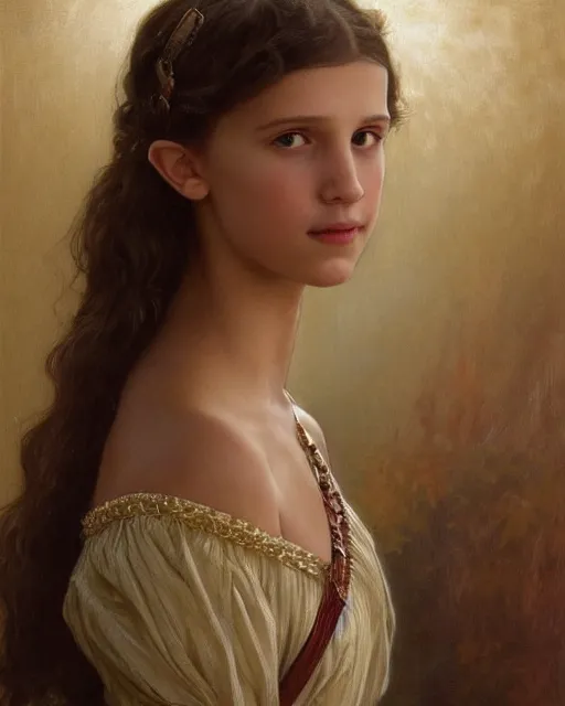 Image similar to a portrait painting of a shy, blushing 1 6 - year old alicia vikander or millie bobby brown as a princess with mouth open in awe, wearing tons of opal jewelry, intricate, elegant, highly detailed, artstation, concept art, by krenz cushart and donato giancola and william adolph bouguereau and alphonse mucha
