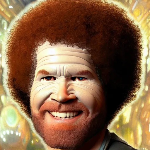 Image similar to bob ross as a borg from star trek, art by artgerm and greg rutkowski and alphonse mucha, concept art, octane render, unreal engine 5, highly detailed, high quality, 8 k, soft lighting, realistic face, path traced