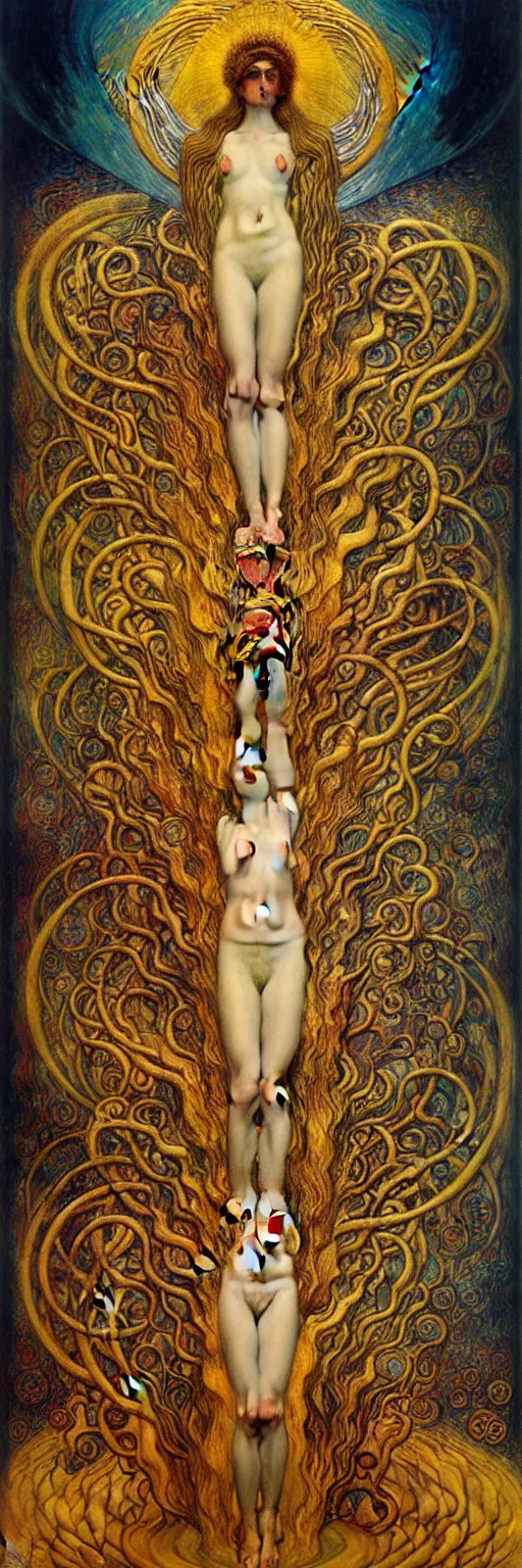 Image similar to Eternal Divine God of Chaos Love by Karol Bak, Jean Delville, William Blake, Gustav Klimt, and Vincent Van Gogh, symbolist, visionary