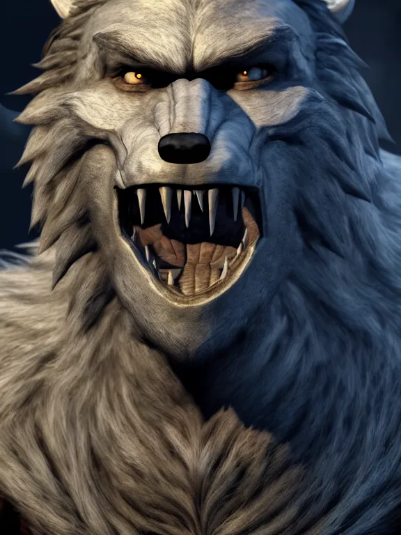 Image similar to cute handsome cuddly burly surly relaxed calm werewolf from van helsing unreal engine hyperreallistic render 8k character concept art masterpiece screenshot from the video game the Elder Scrolls V: Skyrim