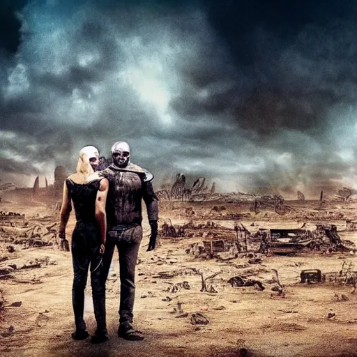 Image similar to a very huge, very big masked mutant man standing next to a small blonde woman, they are staring at the horizon where there are the ruins of a city, postapocalyptic, mad max style, award winning photograph, over the shoulder photo