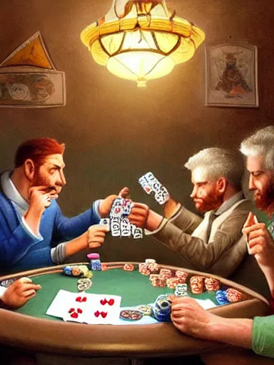 Image similar to half dozen guys playing poker. caotic fight intricate, elegant, highly detailed, digital painting, artstation, concept art, sharp focus, illustration, by justin gerard and artgerm, 8 k