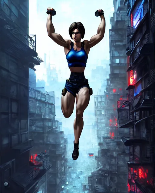 Image similar to gigachad jill valentine bodybuilder jumping from a building fighting in racoon city, fantasy character portrait, ultra realistic, anime key visual, full body concept art, intricate details, highly detailed by greg rutkowski, ilya kuvshinov, gaston bussiere, craig mullins, simon bisley