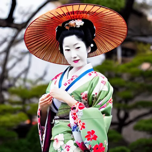 Image similar to Photo of Japanese geisha with a beautiful kimono, traditional kyoto, slim waist, large chest, flowers in hair, sunny day, high detail,
