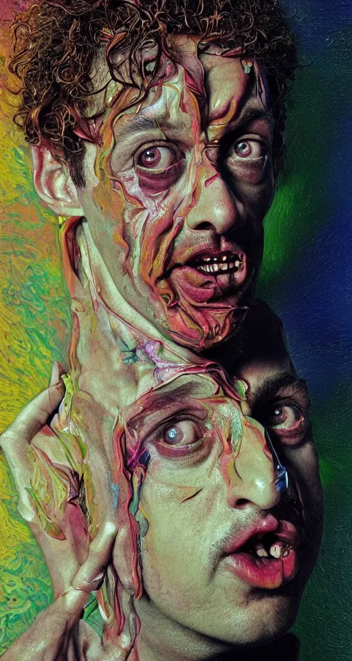 Image similar to weird and disturbing psychedelic pauly shore, diffuse lighting, fantasy, intricate, elegant, highly detailed, lifelike, photorealistic, oil painting, illustration, concept art, smooth, sharp focus, art by francis bacon