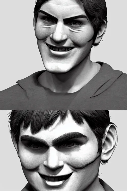 Image similar to 3 d model of a handsome young serial killer with a psychotic smile by brian bolland, rachel birkett, alex ross, and neal adams | portrait, character concept, concept art, unreal engine, finalrender, centered, deviantart, artgerm