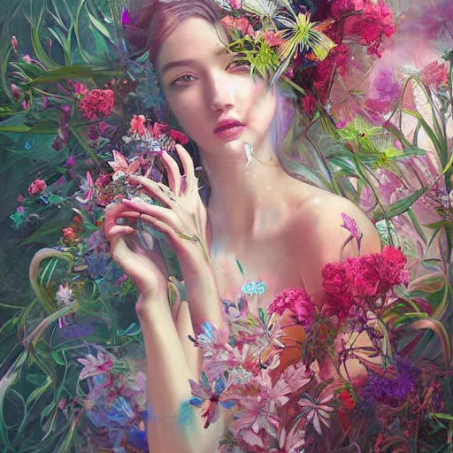 Image similar to a bouquet of ethereal big colorful transparent entangled flowers in the white comicy smoke, wild foliage, vivid, detailed painting, by Ross Tran, WLOP, artgerm and James Jean, masterpiece, award winning painting