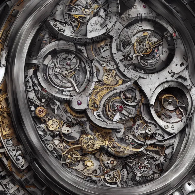 Image similar to fine art painting of the inner workings of a complex timepiece, artstation, cgsociety, very detailed, intricate, detailed illustration