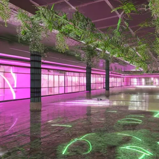 Image similar to huge abandoned mall with overgrown plants, pink neon lights, rendered in unreal engine 5