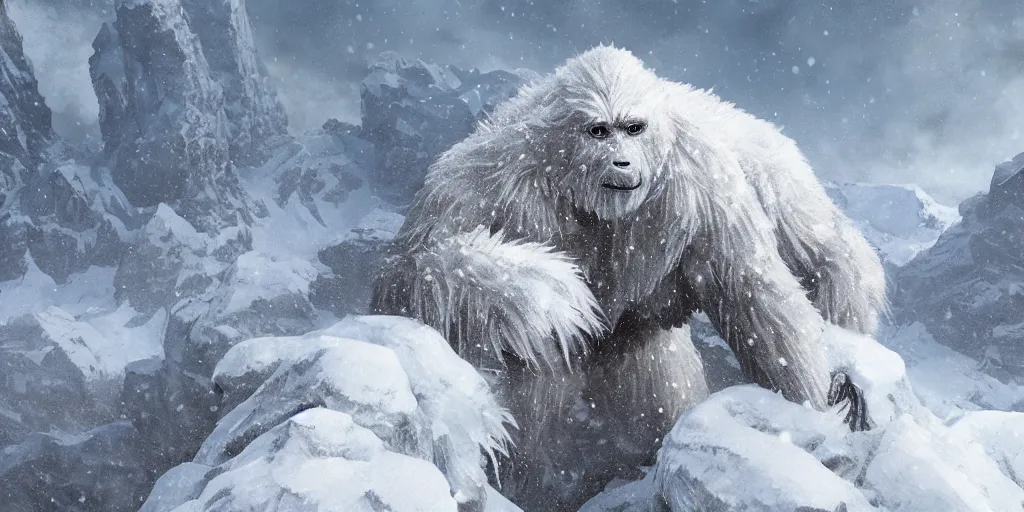 Prompt: a yeti on a snowy mountain top, greg rutkowski, 8 k, shallow depth of field, intricate detail, concept art,