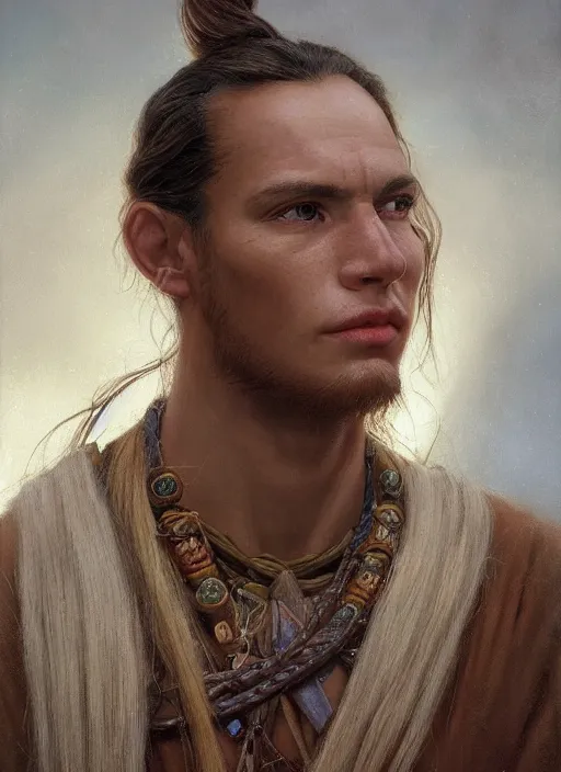 Image similar to a young shaman in his twenties with long light brown hair tied back, a large forehead, a widows peak and a round face with high cheekbones as a realistic d & d fantasy character, portrait art by donato giancola and greg rutkowski, vintage retro, realistic face, digital art, trending on artstation