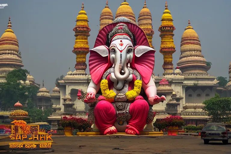 Prompt: beautiful futuristic new delhi, sharp sci - fi ganesha!! building, kalighat flowers, highly detailed cinematic, stephen shore & john j. park, soft morning light, wide shot, high angle, uhd 8 k, sharp focus