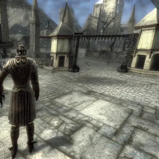 Image similar to chris morris delivers news in the town square, 3 dcg, skyrim, oblivion, morrowind, pc game, gameplay screenshot