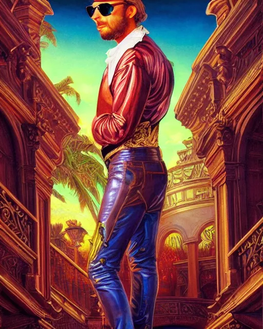 Prompt: outrun portrait of glamor shakespeare in sunglasses, theater background | highly detailed | very intricate | professional model | cinematic lighting | painted by donato giancola and mandy jurgens and charlie bowater | bold colors, synthwave aesthestic, 8 0's nostalgia | featured on artstation