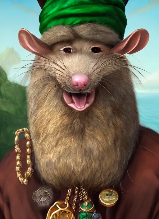 Prompt: oilpainting of an anthropomorphic rat with beard and human eyes, wearing jewelry, tricorne hat, green robe, d & d, digital art, detailed face, highly detailed, trending on artstation, 4 k, sea in the background