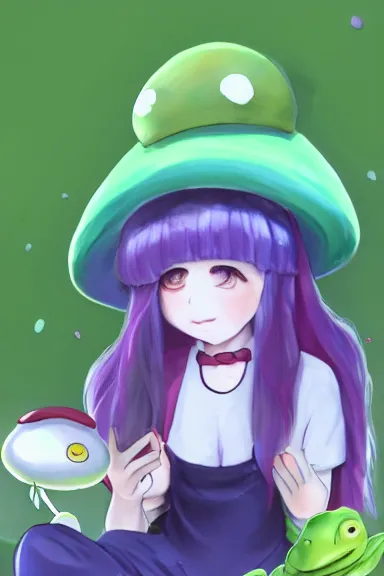 Image similar to a beautiful little girl wearing a mushroom hat sitting on her bed petting a frog in her lap | | purple hair, pretty face, sharped details, in ryuuou no oshigoto art style, trending on pixiv, anatomically correct