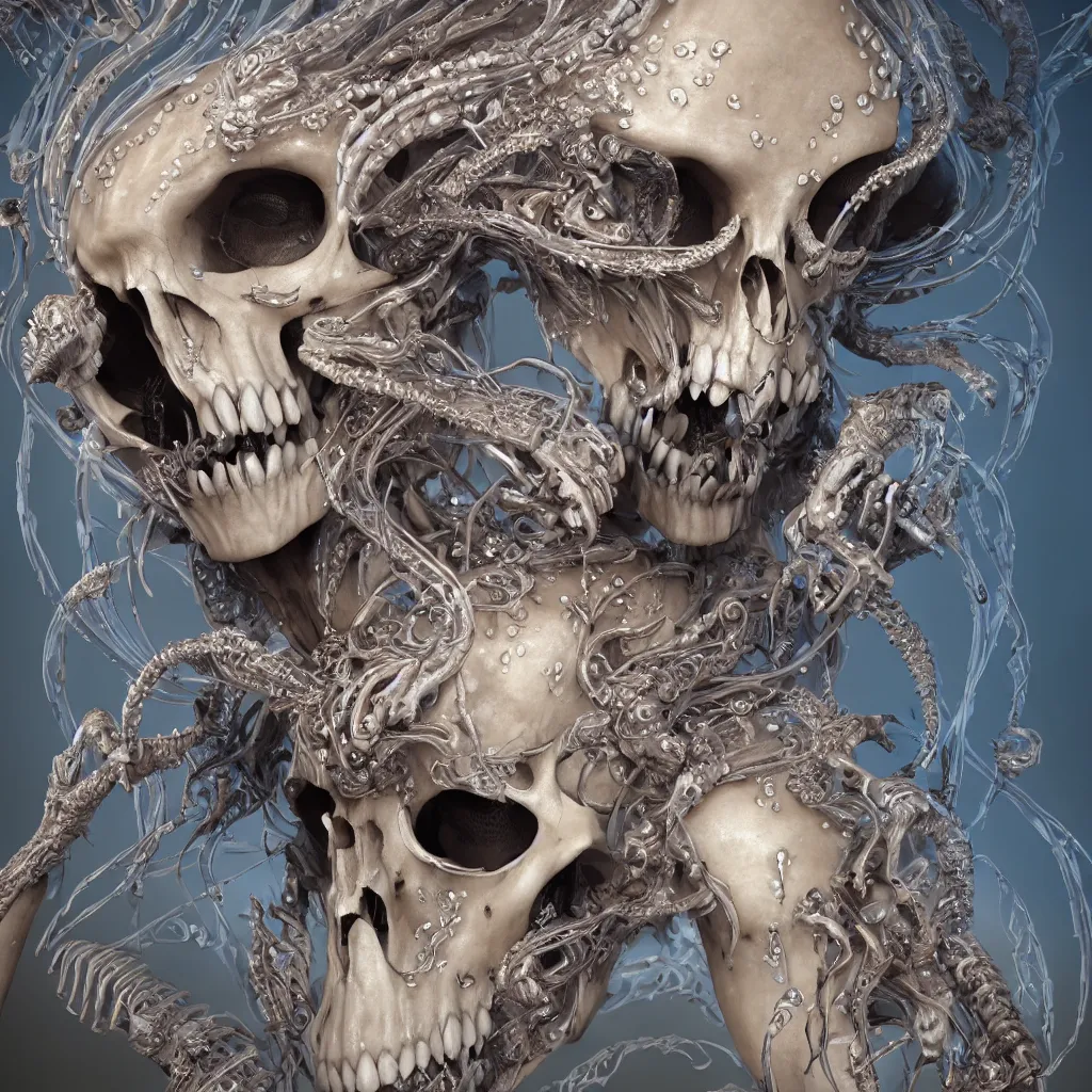 Image similar to close-up macro portrait of the face of a beautiful princess with animal skull mask, epic angle and pose, ribcage bones symmetrical artwork, 3d with depth of field, blurred background, cybernetic jellyfish female face skull phoenix bird, translucent, nautilus, energy flows of water and fire. a highly detailed epic cinematic concept art CG render. made in Maya, Blender and Photoshop, octane render, excellent composition, cinematic dystopian brutalist atmosphere, dynamic dramatic cinematic lighting, aesthetic, very inspirational, arthouse. y Greg Rutkowski, Ilya Kuvshinov, WLOP, Stanley Artgerm Lau, Ruan Jia and Fenghua Zhong