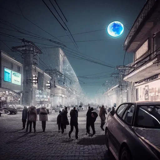 Prompt: Street photo in a crowded future Russian city on Moon, Neo Norilsk, sci-fi, 35mm, intricate, very very beautiful, elegant, highly detailed, smooth, Unreal Engine 5, sharp focus, by Evgeny Zubkov, by Marat Zakirov, trending on Behance