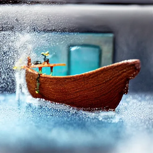 Prompt: A toy pirate ship in a bathtub. There is a storm in the bath, waves everywhere, dramatic photo, water particles