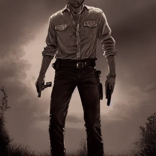 Image similar to rick grimes line art, the walking dead scene, full body shot, poster, fantasy, medieval, vivid colors, elegant, concept art, sharp focus, digital art, Hyper-realistic, 4K, Unreal Engine, Highly Detailed, HD, Dramatic Lighting by Brom, trending on Artstation