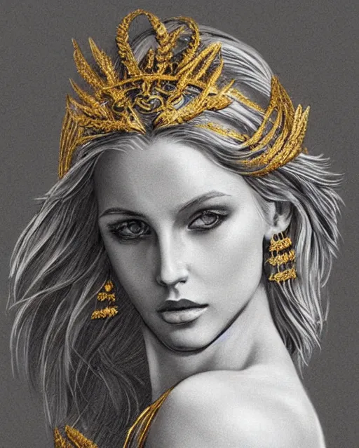 Image similar to tattoo design sketch of cute beautiful blonde super model as aphrodite greek goddess wearing a gold laurel wreath and triangle earrings, beautiful piercing gaze with sharp pupils, in the style of greg rutkowski, fantasy, amazing detail, epic, elegant, smooth, sharp focus, front view