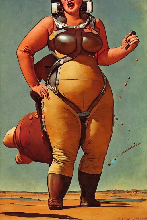 Prompt: 5 0 s pulp scifi fantasy illustration full body portrait cheerful obese woman in leather spacesuit on mars, by norman rockwell, roberto ferri, daniel gerhartz, edd cartier, jack kirby, howard v brown, ruan jia, tom lovell, frank r paul, jacob collins, dean cornwell, astounding stories, amazing, fantasy, other worlds