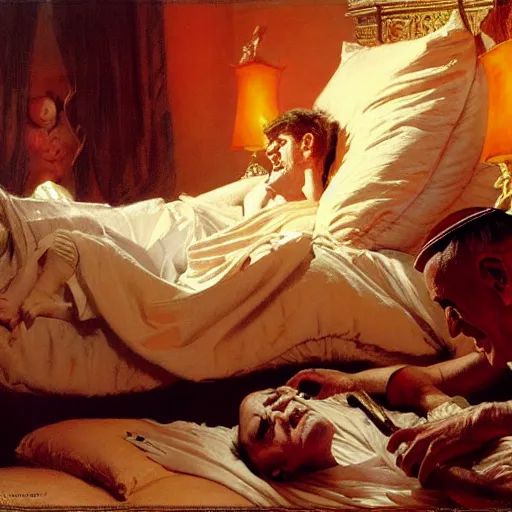 Image similar to the pope is in his bed, nervous and terrified, because a double horned shadow demon from hell lingers across the bed. highly detailed painting by gaston bussiere, j. c. leyendecker, greg rutkowski, craig mullins 8 k