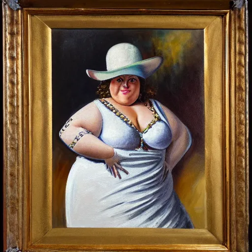 Image similar to Oil painting of a fat woman posing in a diamond dress and extravagant hat