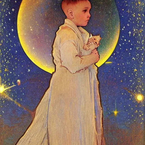 Image similar to a boy and a cat,walking on the sand,starry sky by Mucha,highly details,oil painting