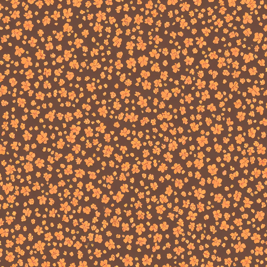 Image similar to repeating fabric pattern, minimalistic, miniature tiny orange and peach color flowers, brown vines and leaves