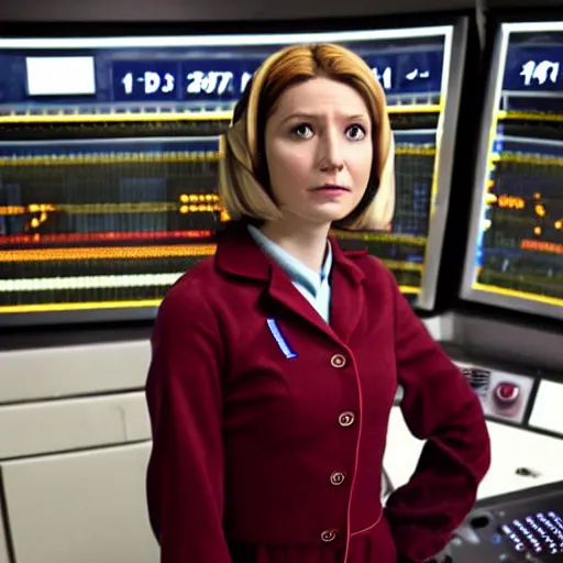 Prompt: Jodie as the Doctor in her burgundy costume in the Tardis secondary control room