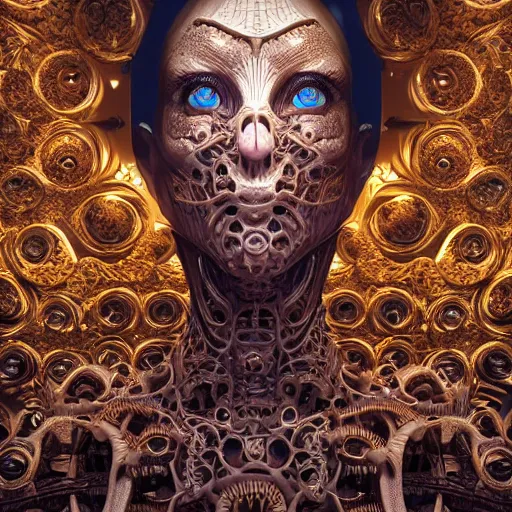 Image similar to a highly detailed photographic portrait of a human, biomechanical sculpture, mandelbrot fractal, intricate, elegant, ornate, elegant, luxurious, beautifully lit, ray traced, octane 3D render in the style of Gerald Brom and James Gurney