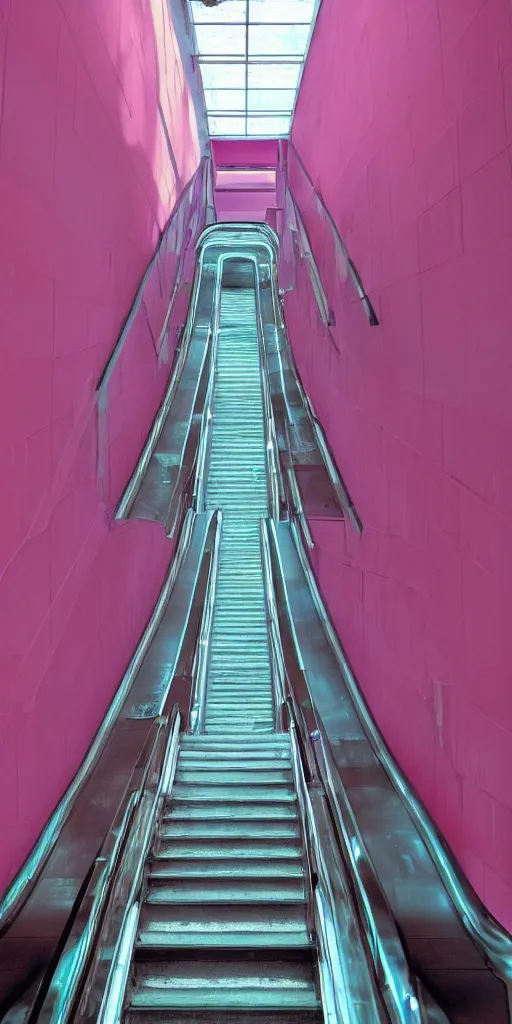 Prompt: 1980s color magazine photo of an escalator in an abandoned mall with pink walls, with interior potted palm trees, decaying dappled sunlight, cool purple lighting