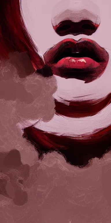 Prompt: minimal abstract painting, closeup of the mouth of a young filipino woman with very narrow face, smoke from her mouth, surrounded by thick swirling smoke, by conrad roset, long brush strokes, dramatic lighting, trending on artstation