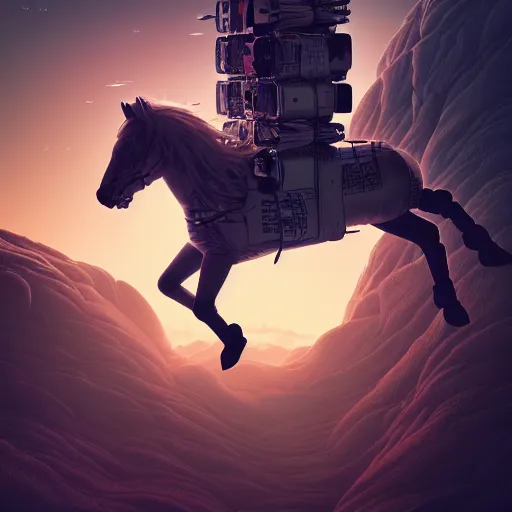 Image similar to photography of anthropomorphic horse riding on top of an astronaut back. from western by hiroyuki okiura and katsuhiro otomo and alejandro hodorovski style with many details by mike winkelmann and vincent di fate in sci - fi style. volumetric natural light photo on dsmc 3 system,