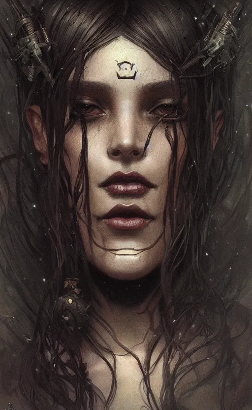 Image similar to portrait of a dark girl with skull poking through , surreal, intricate, headshot, highly detailed, digital painting, artstation, concept art, cinematic lighting, illustration, art by artgerm and greg rutkowski, alphonse mucha, cgsociety, science fiction