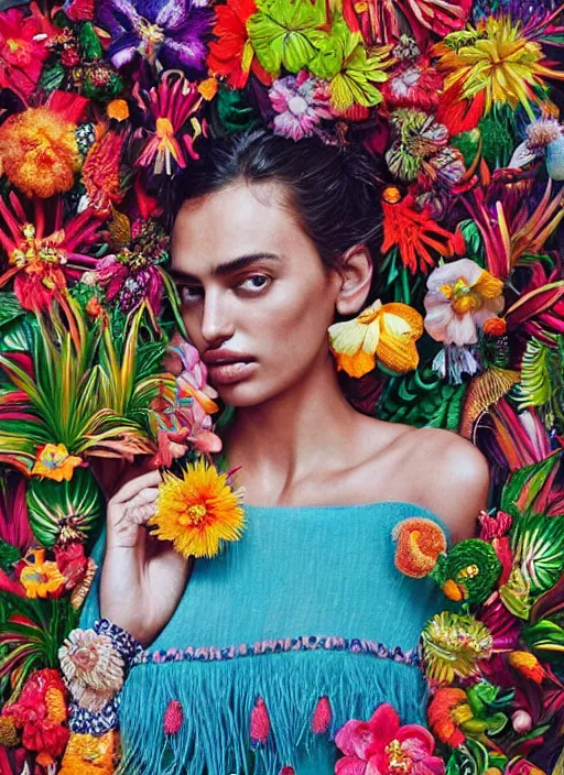 Prompt: beautiful portrait of Irina Shayk wearing fantastic Hand-dyed cotton dress, embellished beaded feather decorative fringe knots ,colorful pigtail,subtropical flowers and plants,summer,dramatic lighting,symmetrical face,intricate,elegant,highly detailed,8k,post-processing,digital painting,trending on pinterest, GUCCI,PRADA,concept art, sharp focus, illustration, by artgerm,Tom Bagshaw,Lawrence Alma-Tadema,greg rutkowski,alphonse Mucha
