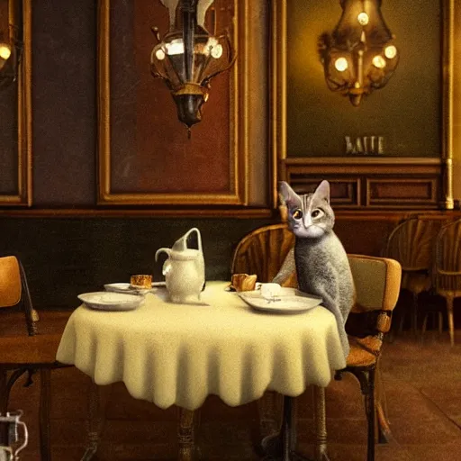 Image similar to brown cat with yellow eyes is sitting at table in a cafe at paris in early 2 0 th century. atmospheric feeling, warm colours, brown colours, yellow colours, epic scene, cinematic, very detailed, octane render