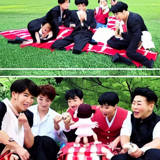 Prompt: screaming kim jong un doll having a lovely picnic with bts boy band