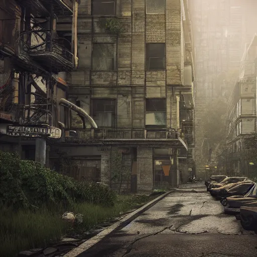 Image similar to a world fallen by disease, seattle completely wasted away, nature taken over and grow over buildings, high quality photorealism, cinematic, epic, Deviantart, Octane render