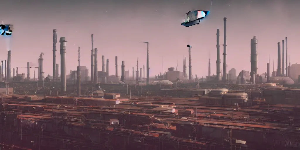 Image similar to a beautiful realistic photo of a dystopian world with factories in the background, synthetic retro vibes, peaceful sea by simon staylenhag, no mans sky, spaceship, x-wing, star wars, planets in background, ivy on the buildings, high depth of field, architecture, ricardo bofill architecture, vray, unreal engine 5, Trending on artstation