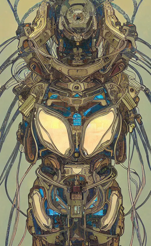 Image similar to upper half portrait of army mecha robot - wires and vines as design borders, art by alphonse mucha, highly detailed, digital painting, concept art, illustration, smooth sharp focus, intricate, symmetry, artstation, colourful,