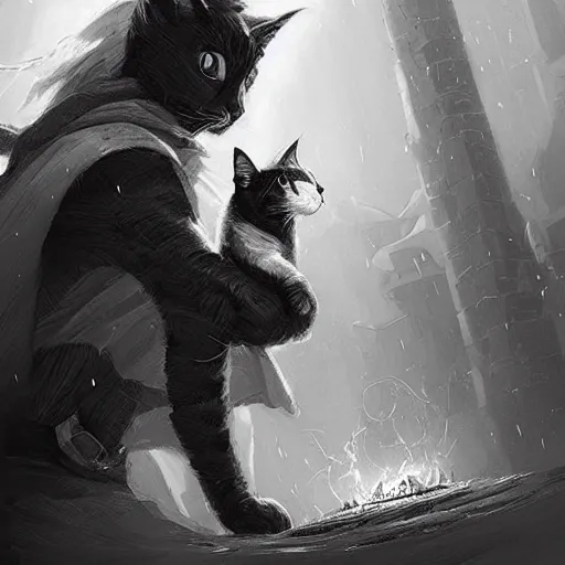 Image similar to black and white cat sorcerer, dnd fantasy digital art by Greg Rutkowski