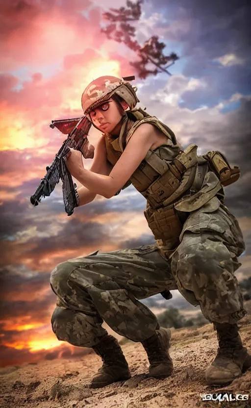 Prompt: female soldier fires back at the enemy while under heavy fire by the locals, highly detailed, high resolution, cosplay photo, stunning, real sunset, girls frontline style, bokeh soft, 100mm, trending on instagram, by professional photographer, realistic human anatomy, realistic military carrier, soldier clothing, modern warfare, realistic guns