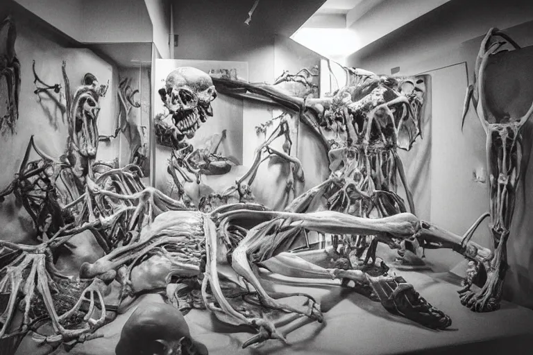 Prompt: inside a museum, a room where anatomical body parts are piece of arts by Rob Bottin at night, filth and grim, very detailed, ultra realistic photography, grainy image, close up 50mm lens Kodak 5219