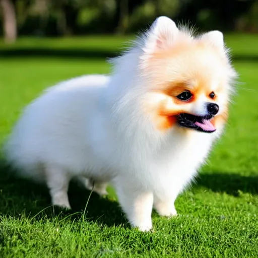 Prompt: Pomeranian dog sitting on the grass in a sunny day