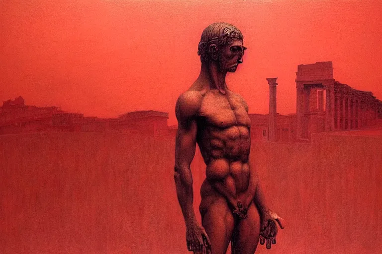 Image similar to only with red, caesar after war, the great deal, a red tiger, in hoc signo vinces, rome in background, an ancient path, in the style of beksinski, part by hopper, part by rodcenko, part by hofbauer, intricate composition, red by caravaggio, insanely quality, highly detailed, masterpiece, red light, artstation