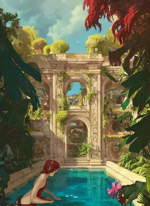 Prompt: lush palace garden with pools leading to of a roman palace, glorious, epic scene, beautiful, in the style of artgerm, gerald brom, atey ghailan and mike mignola, vibrant colors and hard shadows and strong rim light, plain background, comic cover art, trending on artstation