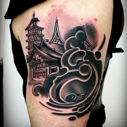 Image similar to dark japanese urban architecture, tattoo, tattoo on upper arm